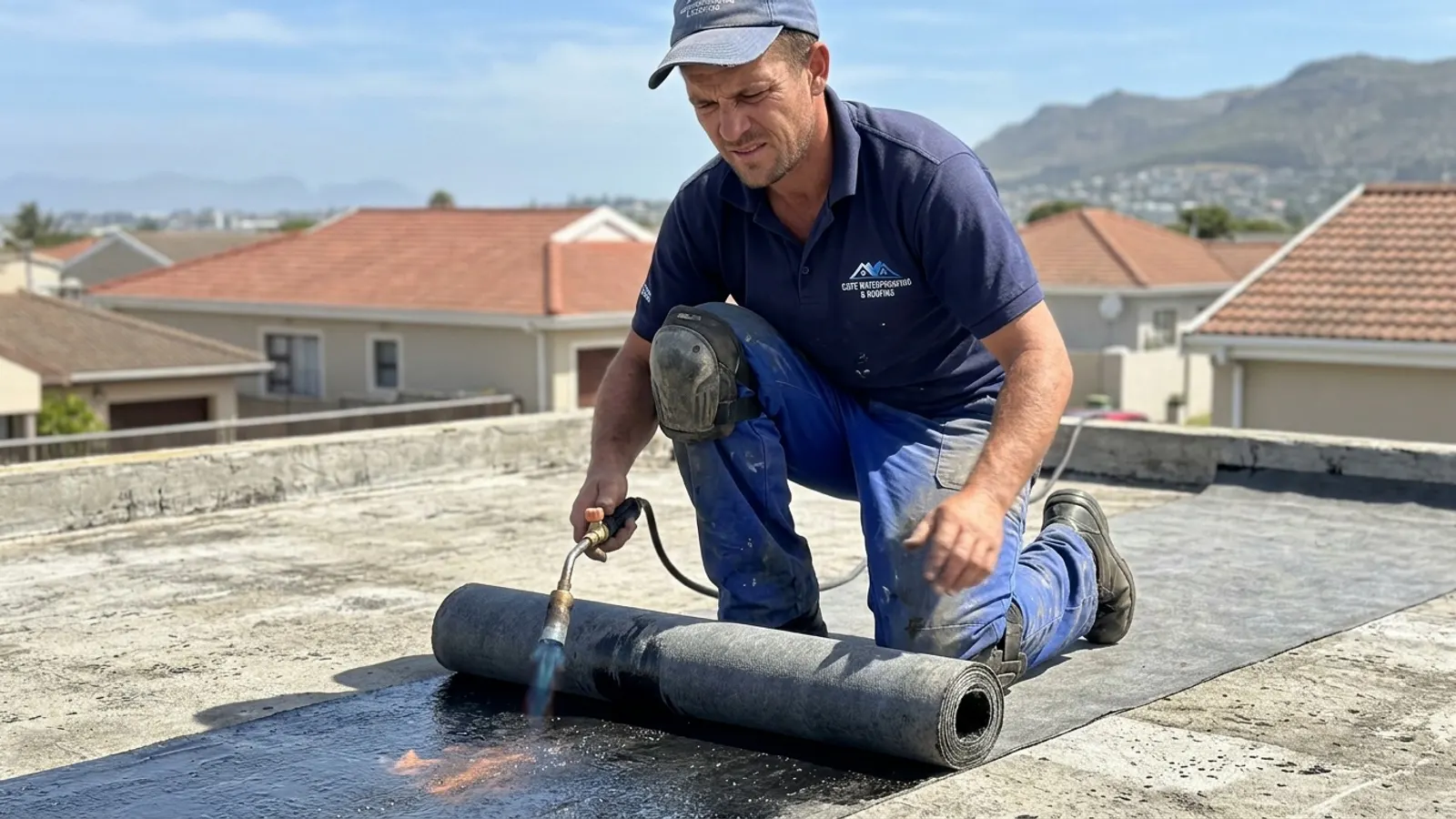Waterproofing Durbanville team applying torch-on membrane to a Northern Suburbs roof